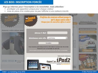 © Alex Panican 2014C4021 - Le marketing et les NTIC
Pop-up internes pour l’inscription à la newsletter, mais attention:
• privilégier une apparition unique pour chaque visiteur
• mise en place d’un cookie pour ne pas l’afficher à vos visiteurs inscrits
LES BDD: INSCRIPTION FORCÉE
 