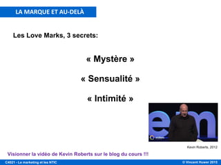 © Vincent Huwer 2016C4021 - Le marketing et les NTIC
Les Premium Love Marks, c’est quoi ?
« The future beyond branding »
- Marques super évoluées
- Inspirent la loyauté au-delà de la raison
- Connectent la compagnie, ses gens
- Créent l’énergie pour une relation à vie
- Appartiennent aux consommateurs
- Les principaux générateurs de profit
Kevin Roberts, 2012
LA MARQUE ET AU-DELÀ
 