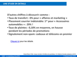 © Vincent Huwer 2016C4021 - Le marketing et les NTIC
Etude Return Path, niveau mondial, 2,5millions de panélistes, 3,5 milliards d’emails analysés en 2015
D’autres chiffres à découvrir comme :
•Taux de transfert : 0% pour « affaires et marketing »
•Placement courrier indésirable: 1er pour « Accessoires
automobiles » : 29% !
•Taux de plaintes : 0,18% en moyenne, en hausse
pendant les périodes de promotions
•Signalement non-spam: cadeaux et télécoms en premier
…EN CAUSE: EXCÈS ET MANQUE DE PERTINENCE!
UNE ETUDE EN DETAILS
Cliquez ici pour les détails
 