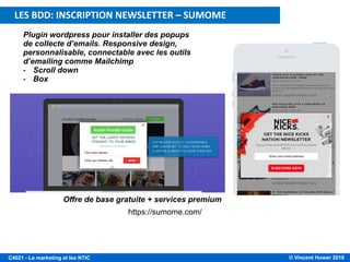 © Vincent Huwer 2016C4021 - Le marketing et les NTIC
LES BDD: INSCRIPTION NEWSLETTER – SUMOME
https://sumome.com/
Plugin wordpress pour installer des popups
de collecte d’emails. Responsive design,
personnalisable, connectable avec les outils
d’emailing comme Mailchimp
- Scroll down
- Box
Offre de base gratuite + services premium
 