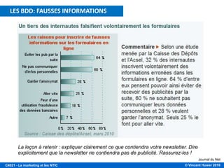 © Vincent Huwer 2016C4021 - Le marketing et les NTIC
Journal du Net
LES BDD: FAUSSES INFORMATIONS
La leçon à retenir : expliquer clairement ce que contiendra votre newsletter. Dire
explicitement que la newsletter ne contiendra pas de publicité. Rassurez-les !
 