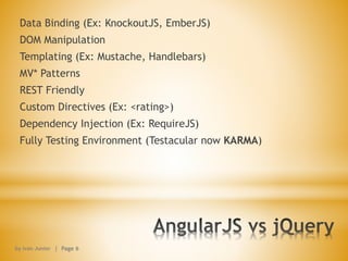 Data Binding (Ex: KnockoutJS, EmberJS)
DOM Manipulation
Templating (Ex: Mustache, Handlebars)
MV* Patterns
REST Friendly
Custom Directives (Ex: <rating>)
Dependency Injection (Ex: RequireJS)
Fully Testing Environment (Testacular now KARMA)
by Ivan Junior | Page 6
 