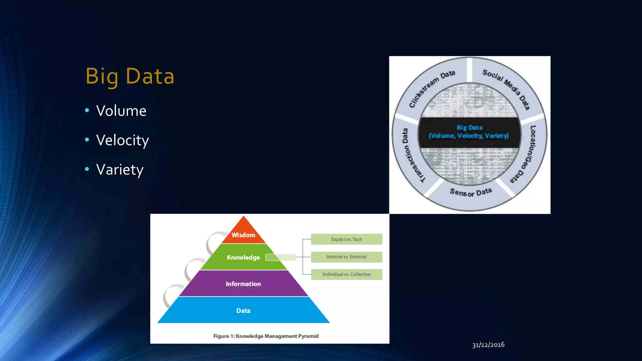 Big Data
• Volume
• Velocity
• Variety
31/12/2016
 