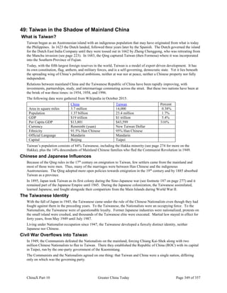 ChinaX Part 10 Greater China Today Page 349 of 357
49: Taiwan in the Shadow of Mainland China
What is Taiwan?
Taiwan began as an Austronesian island with an indigenous population that may have originated from what is today
the Philippines. In 1623 the Dutch landed, followed three years later by the Spanish. The Dutch governed the island
for the Dutch East India Company until they were tossed out in 1662 by Zheng Chenggong, who was retreating from
the Manchu invasion (see page 223). In 1683, the Qing captured Taiwan (then Formosa) where it was incorporated
into the Southern Province of Fujian.
Today, with the fifth largest foreign reserves in the world, Taiwan is a model of export driven development. It has
its own constitution, flag, anthem, and military forces, and is a self-governing, democratic state. Yet it lies beneath
the spreading wing of China’s political ambitions, neither at war nor at peace, neither a Chinese property nor fully
independent.
Relations between mainland China and the Taiwanese Republic of China have been rapidly improving, with
investments, partnerships, study, and intermarriage commuting across the strait. But these two nations have been at
the brink of war three times: in 1954, 1958, and 1996.
The following data were gathered from Wikipedia in October 2015:
China Taiwan Percent
Area in square miles 3.7 million 14,000 0.38%
Population 1.37 billion 23.4 million 1.7%
GDP $19 trillion $1 trillion 5.4%
Per Capita GDP $13,801 $43,599 316%
Currency Renminbi (yuan) New Taiwan Dollar
Ethnicity 91.5% Han Chinese 95% Han Chinese
Official Language Mandarin Mandarin
Capital Beijing Taipei
Taiwan’s population consists of 84% Taiwanese, including the Hakka minority (see page 274 for more on the
Hakka), plus the 14% descendants of Mainland Chinese families who fled the Communist Revolution in 1949.
Chinese and Japanese Influences
Because of the Qing rules in the 17th
century on emigration to Taiwan, few settlers came from the mainland and
most of those were men. Thus, many of the marriages were between Han Chinese and the indigenous
Austronesians. The Qing adopted more open policies towards emigration in the 19th
century and by 1885 absorbed
Taiwan as a province.
In 1895, Japan took Taiwan as its first colony during the Sino-Japanese war (see footnote 187 on page 277) and it
remained part of the Japanese Empire until 1945. During the Japanese colonization, the Taiwanese assimilated,
learned Japanese, and fought alongside their compatriots from the Main Islands during World War II.
The Taiwanese Identity
With the fall of Japan in 1945, the Taiwanese came under the rule of the Chinese Nationalists even though they had
fought against them in the preceding years. To the Taiwanese, the Nationalists were an occupying force. To the
Nationalists, the Taiwanese were of questionable loyalty. Former Japanese industries were nationalized, protests on
the small island were crushed, and thousands of the Taiwanese elite were executed. Martial law stayed in effect for
forty years, from May 1949 until July 1987.
Living under Nationalist occupation since 1947, the Taiwanese developed a fiercely distinct identity, neither
Japanese nor Chinese.
Civil War Overflows into Taiwan
In 1949, the Communists defeated the Nationalists on the mainland, forcing Chiang Kai-Shek along with two
million Chinese Nationalists to flee to Taiwan. There they established the Republic of China (ROC) with its capital
in Taipei, run by the one-party government of the Kuomintang.
The Communists and the Nationalists agreed on one thing: that Taiwan and China were a single nation, differing
only on which was the governing party.
 