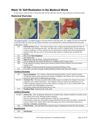 ChinaX Part 2 The Creation and End of a Centralized Empire Page 78 of 357
Week 10: Self-Realization in the Medieval World
In this course, medieval refers to the period after the Han and before the Sui-Tang unification of north and south.
Historical Overview
The medieval period is a complex history of division between north and south. For roughly 350 years from the fall
of the Han to the rise of the Sui, the Chinese territories were contested from within and attacked from the north.
Date (CE) Event
220 Fall of the Han dynasty. The Yellow Turbans were a religious group that preached the Way of
Great Peace and challenged the Han. The Han built an army to suppress them, an army that grew
in power, leading to civil war. General Cao Cao joined forces with the Han, becoming dictator of
northern China. His son, Cao Pi, forced the last Han emperor to abdicate and created the Wei
dynasty.
221 Rise of the Three Kingdoms.
263 Wei defeats Shu.
265 Sima family takes the throne, creating the Jin dynasty.
280 The Jin defeats the Wu and the Western Jin is complete, briefly uniting China.
304 In the capital at Luoyang, tensions grew between cultural Chinese (Hanren) and non-Chinese
northern tribes.
Liu Yuan, a sinified (assimilated) Xiongnu declared himself King of Han.
311 Liu Yuan's son sacks Luoyang, sending inhabitants fleeing south across the Yangtze.
Northern Dynasties
327 Sixteen Kingdoms. For a century, tribal groups dominate politics, society, and the economy.
Though the northern tribes showed some interest in Buddhism and Chinese forms of government,
most were better suited to fighting than governing.
386-535 Northern Wei. The most successful of the northern states was ruled by the Xianbei Tuoba clan,
originally from southern Manchuria. They adopted a Chinese surname and ordered the use of
Chinese language and attire at court in their capital at Luoyang, now a city of a half million with
ornate palaces and 1000 Buddhist monasteries.
The dynasty ended amid tribal feuds and civil war.
577 Northern Zhou. Restored unity in the north.
Southern Dynasties
316-420 Eastern Jin. After escaping the destruction of northern China, officials installed a Jin prince in the
new capital of the south, Jiankang (modern Nanjing).
This was followed by the southern dynasties: Song, Qi, Liang, and Chen.
The hereditary aristocracy and northern émigrés identified with the Han and sought to maintain the
Chinese ideals of the scholar official while developing new forms of individual expression in
literature, calligraphy, and painting.
548 Chen Dynasty. The tribal leader Hou Jing laid siege to Jiankang and created the Chen dynasty.
Reunification
589 Sui Dynasty.
 