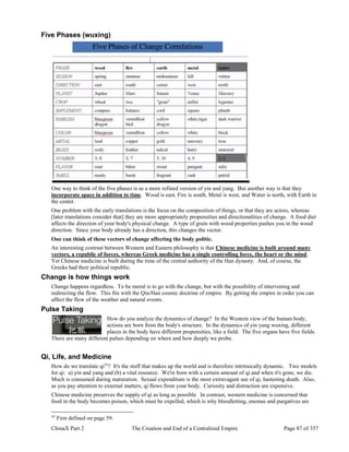 ChinaX Part 2 The Creation and End of a Centralized Empire Page 87 of 357
Five Phases (wuxing)
One way to think of the five phases is as a more refined version of yin and yang. But another way is that they
incorporate space in addition to time. Wood is east, Fire is south, Metal is west, and Water is north, with Earth in
the center.
One problem with the early translations is the focus on the composition of things, or that they are actors, whereas
[later translations consider that] they are more appropriately propensities and directionalities of change. A food diet
affects the direction of your body's physical change. A type of grain with wood properties pushes you in the wood
direction. Since your body already has a direction, this changes the vector.
One can think of these vectors of change affecting the body politic.
An interesting contrast between Western and Eastern philosophy is that Chinese medicine is built around many
vectors, a republic of forces, whereas Greek medicine has a single controlling force, the heart or the mind.
Yet Chinese medicine is built during the time of the central authority of the Han dynasty. And, of course, the
Greeks had their political republic.
Change is how things work
Change happens regardless. To be moral is to go with the change, but with the possibility of intervening and
redirecting the flow. This fits with the Qin/Han cosmic doctrine of empire. By getting the empire in order you can
affect the flow of the weather and natural events.
Pulse Taking
How do you analyze the dynamics of change? In the Western view of the human body,
actions are born from the body's structure. In the dynamics of yin yang wuxing, different
places in the body have different propensities, like a field. The five organs have five fields.
There are many different pulses depending on where and how deeply we probe.
Qi, Life, and Medicine
How do we translate qi55
? It's the stuff that makes up the world and is therefore intrinsically dynamic. Two models
for qi: a) yin and yang and (b) a vital resource. We're born with a certain amount of qi and when it's gone, we die.
Much is consumed during maturation. Sexual expenditure is the most extravagant use of qi, hastening death. Also,
as you pay attention to external matters, qi flows from your body. Curiosity and distraction are expensive.
Chinese medicine preserves the supply of qi as long as possible. In contrast, western medicine is concerned that
food in the body becomes poison, which must be expelled, which is why bloodletting, enemas and purgatives are
55
First defined on page 59.
 