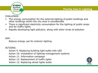 Priority Axis 3: Lighting CHALLENGE:  The energy consumption for the external lighting of public buildings and other buildings within the city area is considerable There is significant electricity consumption for the lighting of public areas and for traffic lights Rapidly developing light pollution, along with other kinds of pollution AIM:  Reduce energy use for exterior lighting ACTIONS: Action 9. Replacing building light bulbs with LED  Action 10. Installation of lighting management systems Action 11. Information campaign  Action 12. Replacement of traffic lights  Action 13. Replacing street lights bulbs  