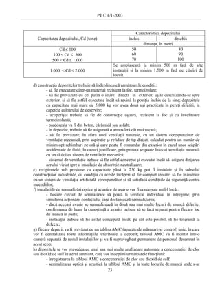 PT C 4/1-2003



                                                                Caracteristica depozitului
  Capacitatea depozitului, Cd (tone)                       închis                      deschis
                                                                    distanţa, în metri
               Cd ≤ 100                                      50                           80
            100 < Cd ≤ 500                                   60                           90
           500 < Cd ≤ 1.000                                  70                          100
                                                 Se amplasează la minim 500 m faţă de alte
          1.000 < Cd ≤ 2.000                     instalaţii şi la minim 1.500 m faţă de clădiri de
                                                 locuit.

d) construcţia depozitelor trebuie să îndeplinească următoarele condiţii:
         - să fie executate dintr-un material rezistent la foc, termoizolant;
         - să fie prevăzute cu cel puţin o ieşire directă în exterior, uşile deschizându-se spre
         exterior, şi să fie astfel executate încât să revină la poziţia închis de la sine; depozitele
         cu capacitate mai mare de 5.000 kg vor avea două uşi practicate în pereţi diferiţi, la
         capetele culoarului de deservire;
         - acoperişul trebuie să fie de construcţie uşoară, rezistent la foc şi cu învelitoare
         termoizolantă;
         - pardoseala va fi din beton, cărămidă sau asfalt;
         - în depozite, trebuie să fie asigurată o atmosferă cât mai uscată;
         - să fie prevăzute, în afara unei ventilaţii naturale, cu un sistem corespunzător de
         ventilaţie mecanică, prin aspiraţie şi refulare de tip dirijat, calculat pentru un număr de
         minim opt schimburi pe oră şi care poate fi comandat din exterior în cazul unor scăpări
         accidentale de fluid; în cazuri justificate, prin proiect se poate înlocui ventilaţia naturală
         cu un al doilea sistem de ventilaţie mecanică;
         - sistemul de ventilaţie trebuie să fie astfel conceput şi executat încât să asigure dirijarea
         aerului viciat spre o instalaţie de absorbţie-neutralizare;
e) recipientele sub presiune cu capacitate până la 250 kg pot fi instalate şi în subsolul
construcţiilor industriale, cu condiţia ca aceste încăperi să fie complet izolate, să fie înzestrate
cu un sistem de ventilaţie artificială corespunzător şi să satisfacă condiţiile de siguranţă contra
incendiilor;
f) instalaţiile de semnalizări optice şi acustice de avarie vor fi concepute astfel încât:
         - fiecare circuit de semnalizare să poată fi verificat individual în întregime, prin
         simularea acţionării contactului care declanşează semnalizarea;
         - dacă aceeaşi avarie se semnalizează în două sau mai multe locuri de muncă diferite,
         confirmarea de luare la cunoştinţă a avariei trebuie să se facă separat pentru fiecare loc
         de muncă în parte;
         - instalaţia trebuie să fie astfel concepută încât, pe cât este posibil, să fie tolerantă la
         defecte;
g) fiecare depozit va fi prevăzut cu un tablou AMC (aparate de măsurare şi control) unic, în care
vor fi centralizate toate informaţiile referitoare la depozit; tabloul AMC va fi montat într-o
cameră separată de restul instalaţiilor şi va fi supravegheat permanent de personal desemnat în
acest scop;
h) depozitele se vor prevedea cu unul sau mai multe analizoare automate a concentraţiei de clor
sau dioxid de sulf în aerul ambiant, care vor îndeplini următoarele funcţiuni:
         - înregistrarea la tabloul AMC a concentraţiei de clor sau dioxid de sulf;
         - semnalizarea optică şi acustică la tabloul AMC şi la toate locurile de muncă unde s-ar
                                               23
 