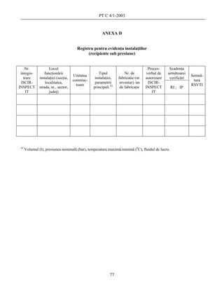 PT C 4/1-2003



                                                       ANEXA D


                                        Registru pentru evidenţa instalaţiilor
                                              (recipiente sub presiune)


    Nr.               Locul                                                           Proces-     Scadenţa
 înregis-         funcţionării                        Tipul           Nr. de         verbal de   următoarei
                                      Unitatea                                                                 Semnă-
   trare       instalaţiei (secţia,                instalaţiei,   fabricaţie (nr.   autorizare    verificări
                                      construc-                                                                 tura
 ISCIR-            localitatea,                    parametrii      inventar) /an      ISCIR-
                                        toare                                                                  RSVTI
INSPECT        strada, nr., sector,               principali X)    de fabricaţie    INSPECT       RI ; IP
    IT                judeţ)                                                            IT




 x)
      Volumul (l), presiunea nominală (bar), temperatura maximă/minimă (0C), fluidul de lucru.




                                                             77
 
