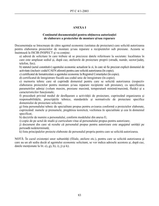 PT C 4/1-2003




                                                    ANEXA I

                         Conţinutul documentaţiei pentru obţinerea autorizaţiei
                          de elaborare a proiectelor de montare şi/sau reparare

Documentaţia se întocmeşte de către agentul economic (unitatea de proiectare) care solicită autorizarea
pentru elaborarea proiectelor de montare şi/sau reparare a recipientelor sub presiune. Aceasta se
înaintează la ISCIR-INSPECT şi va conţine:
    a) adresă de solicitare în care trebuie să se precizeze datele referitoare la societate: localitatea în
    care este amplasat sediul şi, după caz, atelierele de proiectare proprii (stradă, număr, sector/judeţ,
    telefon, fax);
    b) statutul (actul constitutiv) agentului economic actualizat la zi, în care să fie precizat explicit domeniul de
    activitate (inclusiv codul CAEN aferent) pentru care solicită autorizarea (în copie);
    c) certificatul de înmatriculare a agentului economic la Registrul Comerţului (în copie);
    d) certificatul de înregistrare fiscală sau codul unic de înregistrare (în copie);
    e) memoriu tehnic care să cuprindă domeniul pentru care se solicită autorizarea (respectiv
    elaborarea proiectelor pentru montare şi/sau reparare recipiente sub presiune), cu specificarea
    parametrilor admişi (volum maxim, presiune maximă, temperatură minimă/maximă, fluide) şi a
    caracteristicilor funcţionale;
    f) procedură privind modul de desfăşurare a activităţii de proiectare, cuprinzând organizarea şi
    responsabilităţile, prescripţiile tehnice, standardele şi normativele de proiectare specifice
    domeniului de proiectare solicitat;
    g) lista personalului tehnic de specialitate propus pentru avizarea conformă a proiectelor elaborate,
    cuprinzând: numele şi prenumele, pregătirea teoretică, vechimea în specialitate şi cea în domeniul
    specificat;
    h) deciziile de numire a personalului, conform modelului din anexa E;
    i) copie de pe actul de studii şi curriculum vitae al personalului propus pentru autorizare;
    j) document din care să rezulte că personalul propus pentru autorizare este angajatul unităţii pe
    perioadă nedeterminată;
    k) lista principalelor proiecte elaborate de personalul propriu pentru care se solicită autorizarea.

NOTĂ: În cazul existenţei unor subunităţi (filiale, ateliere etc.), pentru care se solicită autorizarea şi
care au un alt sediu decât al agentului economic solicitant, se vor indica adresele acestora şi, după caz,
datele menţionate la lit. e), g), h), i), j) şi k).




                                                         83
 