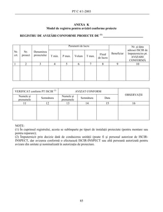 PT C 4/1-2003



                                                 ANEXA K
                              Model de registru pentru avizări conforme proiecte

        REGISTRU DE AVIZĂRI CONFORME PROIECTE DE (1) _________________________


                                                   Parametri de lucru                                       Nr. şi data
                                                                                                         adresei ISCIR de
Nr.        Nr.     Denumirea
                                                                              Fluid        Beneficiar    împuternicire pt.
crt.     proiect   proiectului     T min.   P max.      Volum       T max.
                                                                             de lucru                       AVIZARE
                                                                                                          CONFORMĂ
1          2           3               4       5           6             7      8              9                 10




VERIFICAT conform PT ISCIR (2)                          AVIZAT CONFORM
       Numele şi                            Numele şi                                                   OBSERVAŢII
                           Semnătura                           Semnătura            Data
       prenumele                            prenumele
          11                  12               13                   14              15                      16




 NOTE:
 (1) În cuprinsul registrului, acesta se subîmparte pe tipuri de instalaţii proiectate (pentru montare sau
 pentru reparare);
 (2) Împuternicit prin decizie dată de conducerea unităţii (poate fi şi personal autorizat de ISCIR-
 INSPECT, dar avizarea conformă o efectuează ISCIR-INSPECT sau altă persoană autorizată pentru
 avizare din unitate şi nominalizată în autorizaţia de proiectare.




                                                               85
 