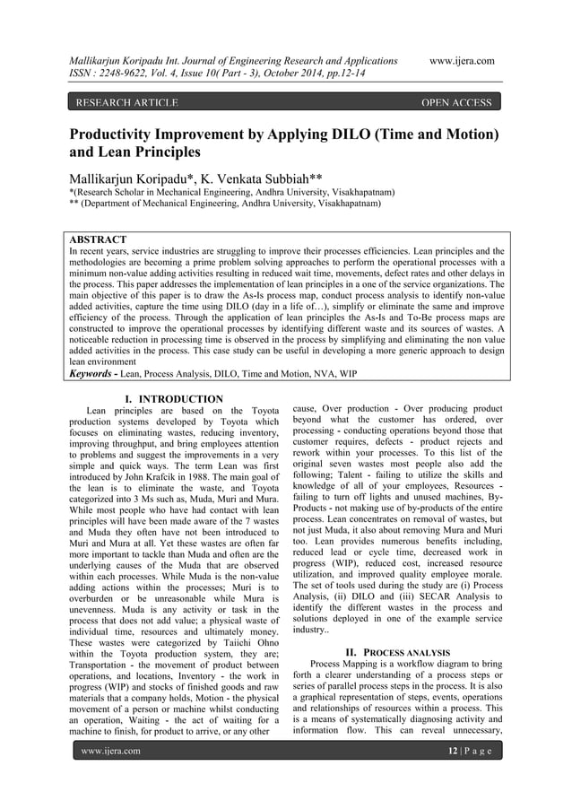 Dilo Method Productivity Improvement by Applying DILO (Time and Motion) and Lean ...