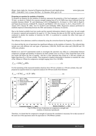 Rizgar Amin Agha Int. Journal of Engineering Research and Applications www.ijera.com
ISSN : 2248-9622, Vol. 4, Issue 10( Part - 5), October 2014, pp.11-18
www.ijera.com 14 | P a g e
Proposing an equation for modulus of elasticity
To propose an equation for the modulus of elasticity represents the properties of the local aggregate, a total of
78 tests as shown in Table(4) for concrete strength ranging from 45 to 83.5MPa have been collected from the
available literature (Khalil W. and Abdulrazaq A.2011,Al-Baghdadi H., Al-Ameeri A. 2010, Salh S, Rejeb S.
and Najim K.(not known), Al-Khalil W., Gorjis H. and Mahdi Z. 2013.Al;-Azzawi A.,Ali A., Risen H.2011, Al-
Ameeri 2013, Hassan M. 2002, Aziz O. Q.(2013) and Al-Khafaji 2008). Regression analyses performed to
establish empirical relationship between the HSC and modulus of elasticity of concrete.
Due to the limited available local test results and the reported information related to these tests, the unit weight
of concrete is ignored and assumed to be equal to 1.0. Also, because the data are for HSC and the regression is
conducted to predict the modulus of elasticity for HSC, it is preferred to consider the effect from types of
aggregate only.
The influence from admixture could be evaluated by using the correction factors by Noguchi et al in table (3).
It is observed that the size of specimens has significant influence on the modulus of elasticity. The collected data
include tests with different size and types of specimens, (100x100, 50x50) mm cubes and (100x200 and 150
x300) mm cylinders.
Rashid et al. used 415 experimental results to investigate the specimen size effect in a relationships between
compressive strength and modulus of elasticity for both cylinder sizes as in Fig.(3 )They found that most of the
test results fall below the line of equality and this is clear indication that results by a 100 mm cylinder are
higher than those by a 150 mm cylinder. They proposed a simplest relationship in literature to translate the value
of the 100mm to 150mm for compressive strength ranging from 10 to 120 MPa:
MPaff cc 100,150, 96.0  ………………… (5)
For the translating of the measured modulus elasticity from 100 mm cylinder to a 150 mm cylinder, they and
proposed an equation based on a regression analysis for 644 test results from literature
MPaEE cc 35.676.0 100,150,  …………………. (6)
Fig.(3) Effect of size of specimen on compressive strength and
modulus of elasticity( reproduced)
Therefore, it is found that for compressive strength of concrete the correlation is necessary for to take account of
the used size of the specimens and to be equivalent to 150x300mm cylinder.
 