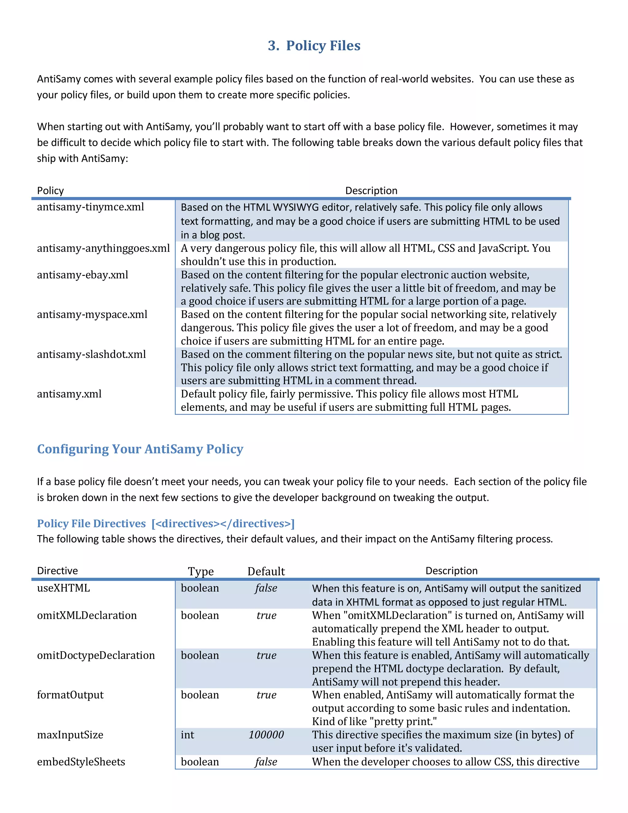 3. Policy Files
AntiSamy comes with several example policy files based on the function of real-world websites. You can use these as
your policy files, or build upon them to create more specific policies.
When starting out with AntiSamy, you’ll probably want to start off with a base policy file. However, sometimes it may
be difficult to decide which policy file to start with. The following table breaks down the various default policy files that
ship with AntiSamy:
Policy Description
antisamy-tinymce.xml Based on the HTML WYSIWYG editor, relatively safe. This policy file only allows
text formatting, and may be a good choice if users are submitting HTML to be used
in a blog post.
antisamy-anythinggoes.xml A very dangerous policy file, this will allow all HTML, CSS and JavaScript. You
shouldn’t use this in production.
antisamy-ebay.xml Based on the content filtering for the popular electronic auction website,
relatively safe. This policy file gives the user a little bit of freedom, and may be
a good choice if users are submitting HTML for a large portion of a page.
antisamy-myspace.xml Based on the content filtering for the popular social networking site, relatively
dangerous. This policy file gives the user a lot of freedom, and may be a good
choice if users are submitting HTML for an entire page.
antisamy-slashdot.xml Based on the comment filtering on the popular news site, but not quite as strict.
This policy file only allows strict text formatting, and may be a good choice if
users are submitting HTML in a comment thread.
antisamy.xml Default policy file, fairly permissive. This policy file allows most HTML
elements, and may be useful if users are submitting full HTML pages.
Configuring Your AntiSamy Policy
If a base policy file doesn’t meet your needs, you can tweak your policy file to your needs. Each section of the policy file
is broken down in the next few sections to give the developer background on tweaking the output.
Policy File Directives [<directives></directives>]
The following table shows the directives, their default values, and their impact on the AntiSamy filtering process.
Directive Type Default Description
useXHTML boolean false When this feature is on, AntiSamy will output the sanitized
data in XHTML format as opposed to just regular HTML.
omitXMLDeclaration boolean true When "omitXMLDeclaration" is turned on, AntiSamy will
automatically prepend the XML header to output.
Enabling this feature will tell AntiSamy not to do that.
omitDoctypeDeclaration boolean true When this feature is enabled, AntiSamy will automatically
prepend the HTML doctype declaration. By default,
AntiSamy will not prepend this header.
formatOutput boolean true When enabled, AntiSamy will automatically format the
output according to some basic rules and indentation.
Kind of like "pretty print."
maxInputSize int 100000 This directive specifies the maximum size (in bytes) of
user input before it's validated.
embedStyleSheets boolean false When the developer chooses to allow CSS, this directive
 