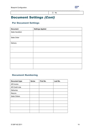 Blueprint Configuration
________________________________________________________________________________
 No
Document Settings (Cont)
Per Document Settings
Document Settings Applied
Sales Quotation
Sales Order
Delivery
. . .
Document Numbering
Document type Series First No. Last No.
AR Invoice
AR Credit note
Deliveries
Returns
Sales Orders
. . .
© SAP AG 2011 14
 