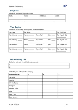 Blueprint Configuration
________________________________________________________________________________
Projects
Define the standard for the project codes
Code Name Valid from Valid to
Tax Codes
Document the tax setup, including rates, for the localization.
Tax Code: ____ Tax Name: _______________________ Tax Total Rate: ___
Tax Authority: ______ Name: ________ Tax on Tax? Rate: _____ Tax Payable G/L:
____________
Tax Authority: ______ Name: ________ Tax on Tax? Rate: _____ Tax Payable G/L:
____________
Tax Authority: ______ Name: ________ Tax on Tax? Rate: _____ Tax Payable G/L:
____________
Tax Authority: ______ Name: ________ Tax on Tax? Rate: _____ Tax Payable G/L:
____________
Withholding tax
Define the setting for the withholding tax scenario
1.
2.
Withholding tax settings for the company:
Withholding Tax 1 2 3
Tax code
Inactive
WT Tax Name
Category
Effective From
Rate
Base Type
Base Amount
© SAP AG 2011 23
 
