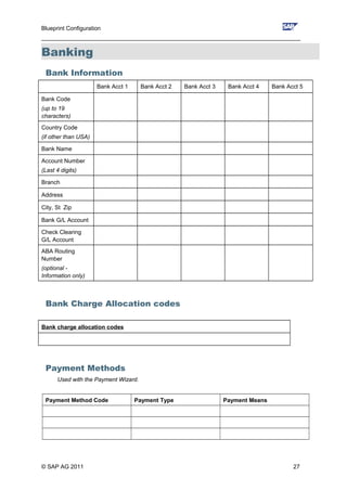 Blueprint Configuration
________________________________________________________________________________
Banking
Bank Information
Bank Acct 1 Bank Acct 2 Bank Acct 3 Bank Acct 4 Bank Acct 5
Bank Code
(up to 19
characters)
Country Code
(if other than USA)
Bank Name
Account Number
(Last 4 digits)
Branch
Address
City, St Zip
Bank G/L Account
Check Clearing
G/L Account
ABA Routing
Number
(optional -
Information only)
Bank Charge Allocation codes
Bank charge allocation codes
Payment Methods
Used with the Payment Wizard.
Payment Method Code Payment Type Payment Means
© SAP AG 2011 27
 