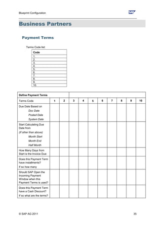 Blueprint Configuration
________________________________________________________________________________
Business Partners
Payment Terms
Terms Code list:
Code
1.
2.
3.
4.
5.
6.
7.
8.
9.
10.
Define Payment Terms
Terms Code 1 2 3 4 5 6 7 8 9 10
Due Date Based on
Doc Date
Posted Date
System Date
Start Calculating Due
Date from
(If other than above)
Month Start
Month End
Half Month
How Many Days from
Start is the Invoice Due:
Does this Payment Term
have installments?
If so how many
Should SAP Open the
Incoming Payment
Window when this
Payment Terms is used?
Does this Payment Term
have a Cash Discount?
If so what are the terms?
© SAP AG 2011 35
 