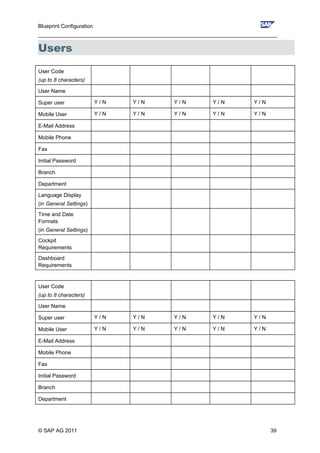Blueprint Configuration
________________________________________________________________________________
Users
User Code
(up to 8 characters)
User Name
Super user Y / N Y / N Y / N Y / N Y / N
Mobile User Y / N Y / N Y / N Y / N Y / N
E-Mail Address
Mobile Phone
Fax
Initial Password
Branch
Department
Language Display
(in General Settings)
Time and Date
Formats
(in General Settings)
Cockpit
Requirements
Dashboard
Requirements
User Code
(up to 8 characters)
User Name
Super user Y / N Y / N Y / N Y / N Y / N
Mobile User Y / N Y / N Y / N Y / N Y / N
E-Mail Address
Mobile Phone
Fax
Initial Password
Branch
Department
© SAP AG 2011 39
 