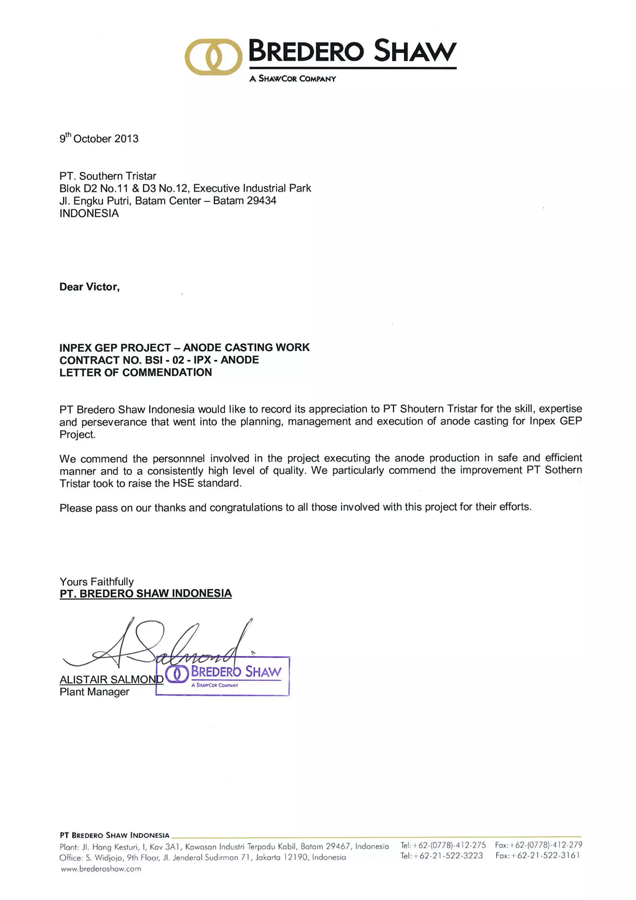 2.5 Letter Of Commendation 2013 PT Southern TriStar | PDF