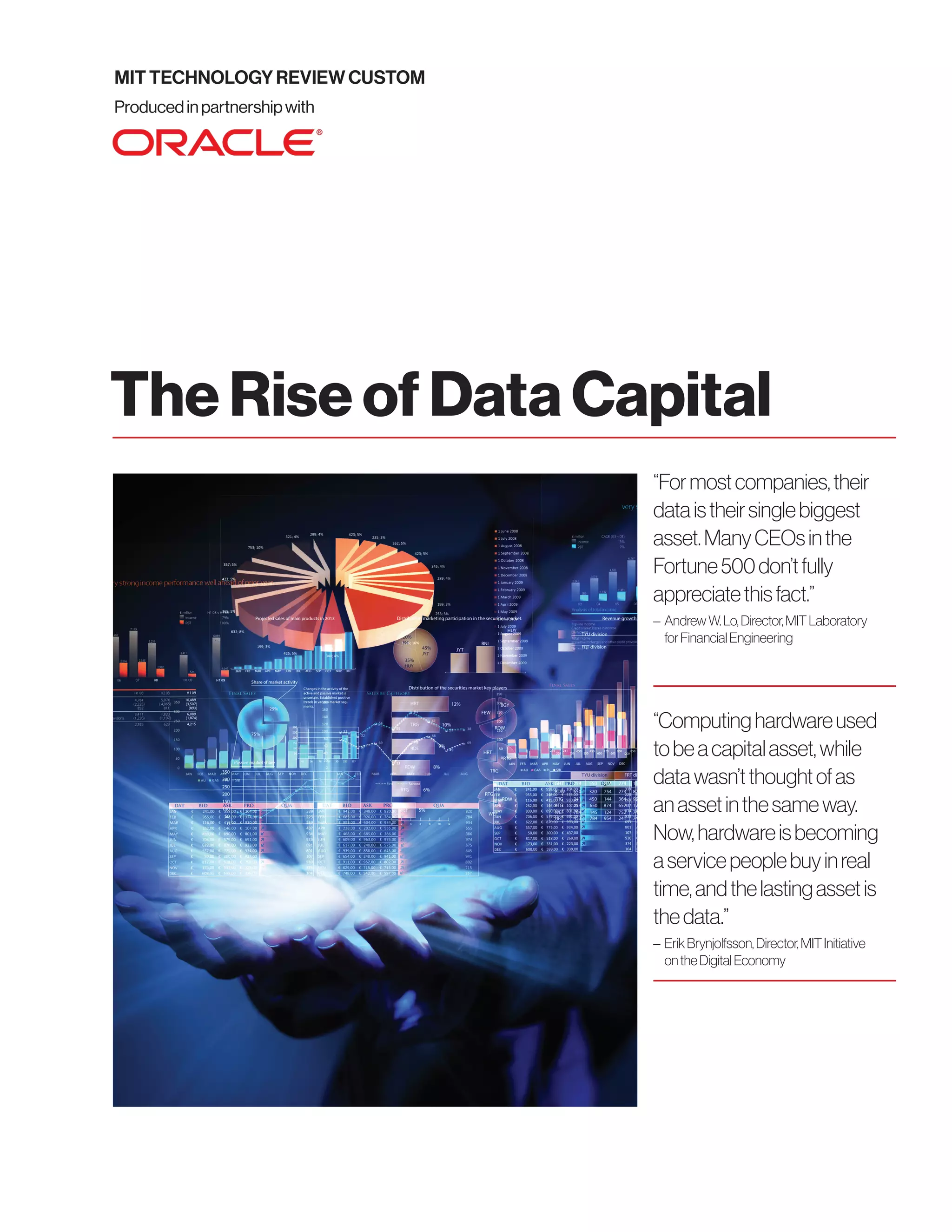 The Rise of Data Capital
“Formostcompanies,their
dataistheirsinglebiggest
asset.ManyCEOsinthe
Fortune500don’tfully
appreciatethisfact.”
– AndrewW.Lo,Director,MITLaboratory
forFinancialEngineering
Producedinpartnershipwith
MIT TECHNOLOGY REVIEW CUSTOM
“Computinghardwareused
tobeacapitalasset,while
datawasn’tthoughtofas
anassetinthesameway.
Now,hardwareisbecoming
aservicepeoplebuyinreal
time,andthelastingassetis
thedata.”
– ErikBrynjolfsson,Director,MITInitiative
ontheDigitalEconomy
 