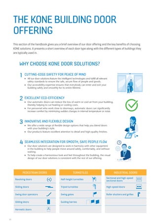 20
TURNSTILES
Half-height turnstiles
Tripod turnstiles
Swing gates
Guiding barries
INDUSTRIAL DOORS
Sectional and high-speed
sectional doors
High-speed doors
Roller shutters and grilles
PEDESTRIAN DOORS
Revolving doors
Sliding doors
Swing door operators
Gliding doors
Hermetic doors
THE KONE BUILDING DOOR
OFFERING
This section of the handbook gives you a brief overview of our door offering and the key benefits of choosing
KONE solutions. It presents a short overview of each door type along with the different types of buildings they
are typically used in.
CUTTING-EDGE SAFETY FOR PEACE OF MIND
n All our door solutions feature the intelligent technologies and fulfill all relevant
safety standards to ensure the safe, secure flow of people and goods.
n Our accessibility expertise ensures that everybody can enter and exit your
building safely and smoothly for its entire lifetime.
EXCELLENT ECO-EFFICIENCY
n Our automatic doors can reduce the loss of warm or cool air from your building,
thereby helping to cut heating or cooling costs.
n For personnel who work close to doorways, automatic doors can significantly
increase comfort by minimizing sudden changes in internal temperature or noise.
INNOVATIVE AND FLEXIBLE DESIGN
n We offer a wide range of flexible design options that help you blend doors
with your building’s style.
n Our products feature excellent attention to detail and high-quality finishes.
SEAMLESS INTEGRATION FOR SMOOTH, SAFE PEOPLE FLOW
n Our door solutions are designed to work in harmony with other equipment
in the building to help people move around safely, comfortably, and without
waiting.
n To help create a harmonious look and feel throughout the building, the visual
design of our door solutions is consistent with the rest of our offering.
WHY CHOOSE KONE DOOR SOLUTIONS?
1
2
3
4
 