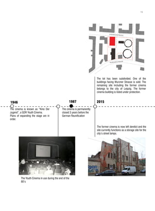 1946 1987
2015
The cinema is known as “Kino Der
Jugend”, a GDR Youth Cinema.
Plans of expanding the stage are in
order.
The cinema is permanently
closed 3 years before the
German Reunification
al years of disuse, one of the buildings
e main road, Eisenbahnstrase is
into a cinema named the
eater “Fortuna Spiele”.
ed The Youth Cinema in use during the end of the
80’s
The former cinema is now left derelict and the
site currently functions as a storage site for the
city’s street lamps.
The lot has been subdivided. One of the
buildings facing Wurzner Strasse is sold. The
remaining site including the former cinema
belongs to the city of Leipzig. The former
cinema building is listed under protection.
1946 1987
2015
The cinema is known as “Kino Der
Jugend”, a GDR Youth Cinema.
Plans of expanding the stage are in
order.
The cinema is permanently
closed 3 years before the
German Reunification
al years of disuse, one of the buildings
main road, Eisenbahnstrase is
into a cinema named the
eater “Fortuna Spiele”.
ed The Youth Cinema in use during the end of the
80’s
The former cinema is now left derelict and the
site currently functions as a storage site for the
city’s street lamps.
The lot has been subdivided. One of the
buildings facing Wurzner Strasse is sold. The
remaining site including the former cinema
belongs to the city of Leipzig. The former
cinema building is listed under protection.
201519871946
19
 