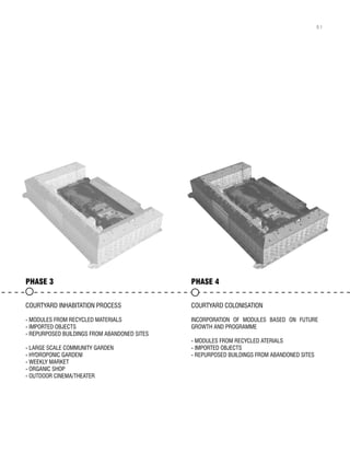 PHASE 4
COURTYARD COLONISATION
INCORPORATION OF MODULES BASED ON FUTURE
GROWTH AND PROGRAMME
- MODULES FROM RECYCLED ATERIALS
- IMPORTED OBJECTS
- REPURPOSED BUILDINGS FROM ABANDONED SITES
PHASE 3
COURTYARD INHABITATION PROCESS
- MODULES FROM RECYCLED MATERIALS
- IMPORTED OBJECTS
- REPURPOSED BUILDINGS FROM ABANDONED SITES
- LARGE SCALE COMMUNITY GARDEN
- HYDROPONIC GARDENI
- WEEKLY MARKET
- ORGANIC SHOP
- OUTDOOR CINEMA/THEATER
51
 