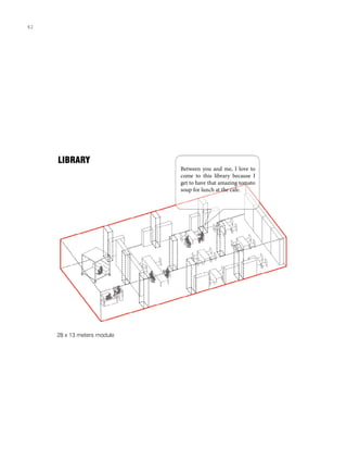 LIBRARY
Between you and me, I love to
come to this library because I
get to have that amazing tomato
soup for lunch at the cafe.
28 x 13 meters module
62
 