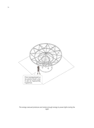 I love running around, so
my parents found a way
to put my hyperactivity
to good use.
The energy carousel produces and stores enough energy to power lights during the
night
7676
 