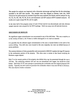 The sample for analysis was inspected with a binocular microscope and hand lens for the mineralogy
recorded in the drill hole records. The samples were then shipped to Chemex Labs Ltd., Nonh
Vancouver for gold analyses by standard 10 gm fire assay methods (AA finish), and for analysis for Ag,
Co, Cu, Fe, Mn,Mo, Ni, Pb, Zn by acid dissolution and ICP analysis (ICP-9 standard analysis). All
results are in ppm except FE (%) and Au @pb).
In the latter half of the program assays of each 10 foot interval was discontinued, and only alternate
sample intervals were assayed for the ICP-9 package. Gold was assay over all intervals however.
DISCUSSION OF RESULTS
No significant copper mineralization was encountered in any of the drill holes. This was a surprise, as
in the vicinity of holes L, M, N there is visible chalcopyrite in the road cut material.
It is possible that the inferred copper mineralization in this area is located further to the north of the
current drilling. Two drill sites were located in this area originally, but were not drilled because of
access problems.
The extreme thickness of silica pyrophyllite rock encountered in RDH #V explains the large IPresponse
in the northeastern portion of the property. This silica zone is similar to that found overlying the
Husharnu copper deposit.
Hole T on the western portion of the property also drilled silica cap, but penetrated through the cap at
120 feet. The underlying andesitic tuff unit was not mineralized with copper, but should be tested
further. Drill holes T1-T7 were attempts at penetrating the overburden near the original proposed drill
locality. Typically the drill could not penetrate the overburden where it was over 60 feet in thickness.
This area deserves further evaluation.
Daiwan Engineering Ltd.
1030 - 609 Granville St&. Vanaxlver. B.C. V7Y 1GS
Phone: (604) 688-1508
 