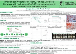 Rheological Properties of Highly Refined Cellulose:
Carboxymethylcellulose (CMC) Mixtures compared to
other commercially available Fibres.
Deepa Agarwal & Tim J. Foster
Division of Food Sciences, School of Biosciences, University of Nottingham, Sutton Bonington Campus, LE12 5RD,UK.
INTRODUCTION:
 Rheological properties are one of the key characteristics which influence a
wide range of commercial applications. E.g. food applications, cosmetics,
pharmaceuticals and paints & composites.
 These properties depend on the starting material and the process used to
make a product. One of such material is highly refined cellulose and this
poster investigate some aspects of its rheological properties.
OBJECTIVE:
This study focused on understanding the rheological properties of rehydrated
highly refined cellulose (HRC) (source: Spruce): carboxymethyl cellulose (CMC)
mixtures in comparison with other commercially available fibres like fruit fibres,
micro-crystalline cellulose (MCC) and bacterial cellulose.
METHODS & MATERIALS:
Materials: HRC (softwood: Spruce, never dried), HRC:CMC (Dry: flakes &
Powder) for comparison fruit fibers (CF-AQ, CF100, CF300), MCC, MCC+CMC and
bacterial cellulose were studied.
Analysis Methods: Oscillation (Amplitude & frequency sweeps) and Rotational
measurements were produced by using Anton Paar MCR - 301 Rheometer. Light
microscopy was performed by Olympus BX5 microscopy.
Graph 2: Complex Viscosity v/s Strain of various
cellulosic fibres at 1% w/w concentration.
Graph 1: Frequency sweeps of HRC and HRC:CMC 1%
w/w suspensions.
Similar viscoelastic behavior was observed with other cellulosic fibres. Both HRC & HRC:CMC suspensions showed very high
gel strength (complex viscosity) followed by bacterial cellulose (graph 2). It was also observed that HRC showed highest
elastic behavior whereas MCC showed least (graph 3). Finally, both fruit fibres and MCC suspensions show phase separation
compared all other materials (figure 2) which can be explained by the difference in network formation (graph 3).
Graph 3: 2D graph showing Tanδ at breakdown strain for
different cellulosic fibers.
CONCLUSIONS:
 Highly refined cellulose (HRC):Carboxyl methyl cellulose (CMC) suspensions are very stable and tends to shows gel-like
behaviors (G’>G”) with little dependency on frequency.
 Shear-thinning behavior with no sign of Thixotropy.
 Fruit Fibers i.e. CF-AQ+, CF100, MCC showed sign of phase separation .
 Viscosity trend: (Highest) HRC > Bacterial Cell > HRC:CMC > CFAQ+ > CF100>MCC:CMC (lowest).
References:
1. Henriksson, M., Henriksson, G., Berglund, L. A., & Lindstrom, T. (2007). An environmentally friendly method for enzyme-assisted preparation of
microfibrillated cellulose (MFC) nanofibers. European Polymer Journal, 43, (pp. 3434–3441).
2. Iotti M., Gregersen Ø. W., Moe S., Lenes M. (2011). Rheological studies of Microfibrillar cellulose water dispersions. J Polym Environ, 19, (pp. 137-145).
3. Copyright© The Benjamin/Cummings Publishing Co.,Inc,from Campbell’s Biology, 4th edition.
Acknowledgement: Sincere thanks Oslofjordfond, Norway for funding this study.
RESULTS & DISCUSSION:
Rheological properties showed that both HRC & HRC:CMC suspensions have gel-
like behavior (G’ > G”) at wide range of concentrations with little dependency on
frequency (graph 1). This can be explained by the network formed by
entanglement or intermolecular fibre-bonding of highly refined cellulose fibres
(HRC’s) in suspensions in comparison to other shorter fibres (figure 1).
Figure 2: 1% w/w water suspension of different cellulose fibres
comparison with HRC & HRC:CMC after 24hours of storage at room
temperature
CF100
HRC:CMC
Figure 1: Light microscopy
images of 1% w/w suspensions
with Congo-red dye.
 
