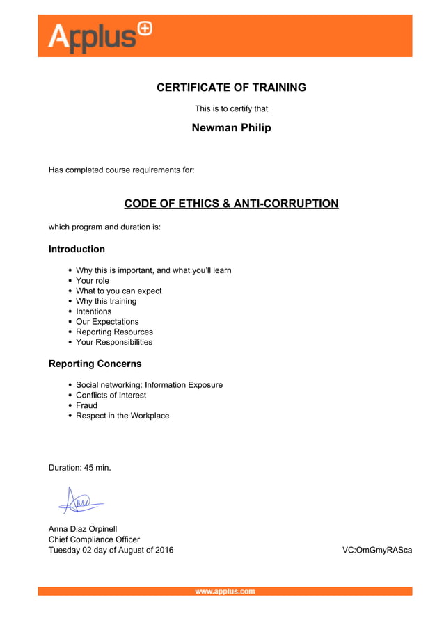 Code of Ethics&Anti-Corruption Training-Certi-PHIN | PDF