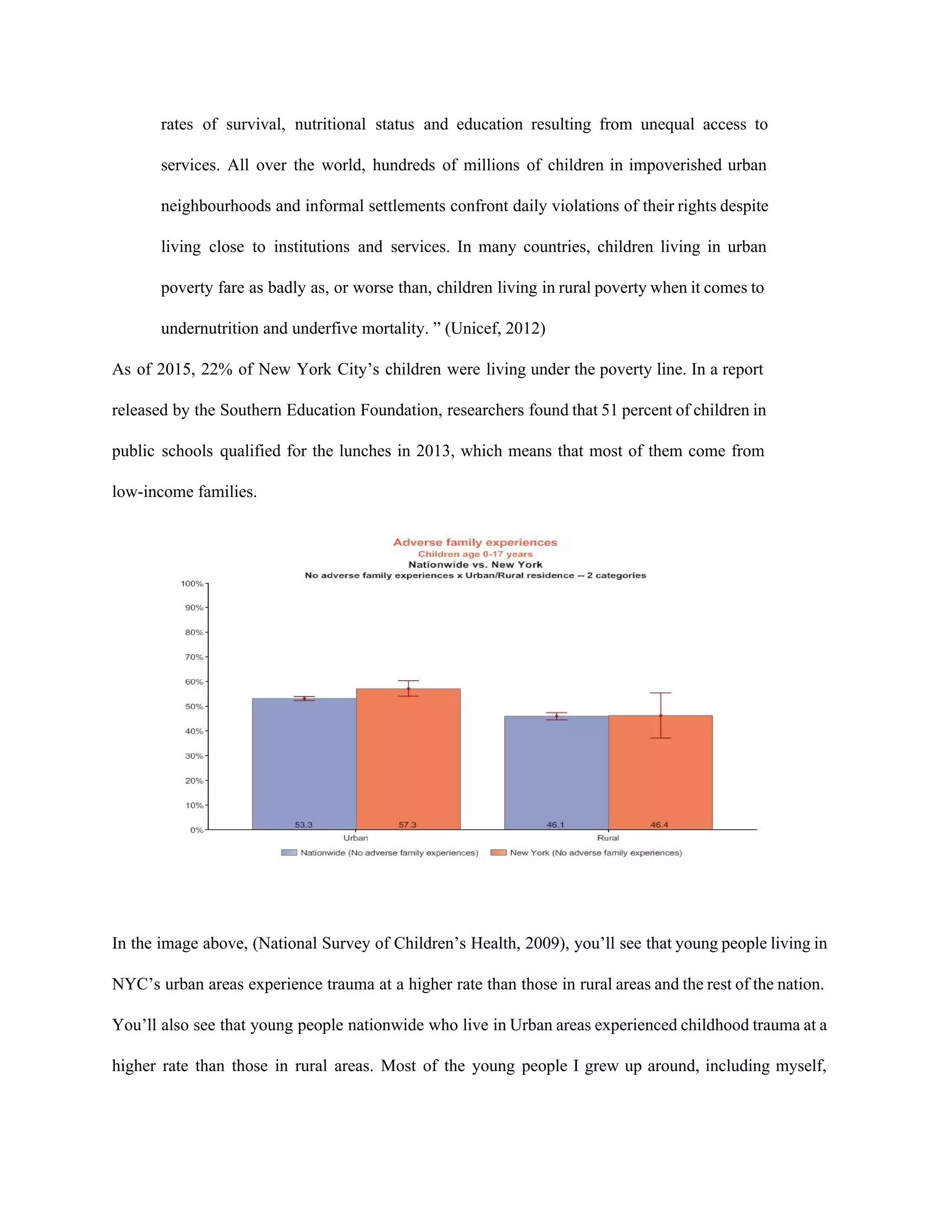 rates of survival, nutritional status and education resulting from unequal access to                       
services. All over the world, hundreds of millions of children in impoverished urban                         
neighbourhoods and informal settlements confront daily violations of their rights despite                     
living close to institutions and services. In many countries, children living in urban                         
poverty fare as badly as, or worse than, children living in rural poverty when it comes to                                 
undernutrition and underfive mortality. ” (Unicef, 2012) 
As of 2015, 22% of New York City’s children were living under the poverty line. In a report                                   
released by the Southern Education Foundation, researchers found that 51 percent of children in                           
public schools qualified for the lunches in 2013, which means that most of them come from                               
low­income families.  
 
 
In the image above, (National Survey of Children’s Health, 2009), you’ll see that young people living in                                 
NYC’s urban areas experience trauma at a higher rate than those in rural areas and the rest of the nation.                                       
You’ll also see that young people nationwide who live in Urban areas experienced childhood trauma at a                                 
higher rate than those in rural areas. Most of the young people I grew up around, including myself,                                   
 