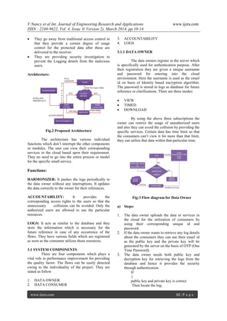 V.Nancy et al Int. Journal of Engineering Research and Applications www.ijera.com
ISSN : 2248-9622, Vol. 4, Issue 3( Version 2), March 2014, pp.10-14
www.ijera.com 12 | P a g e
 They go away from traditional access control in
that they provide a certain degree of usage
control for the protected data after these are
delivered to the receiver.
 They are providing security investigation to
prevent the Logging details from the malicious
users.
Architecture:
Fig.2 Proposed Architecture
The architecture has various individual
functions which don‟t interrupt the other components
or modules. The user can view their corresponding
services in the cloud based upon their requirement.
They no need to go into the entire process or model
for the specific small service.
Functions:
HARMONIZER: It pushes the logs periodically to
the data owner without any interruptions. It updates
the data correctly to the owner for their references.
ACCOUNTABILITY: It provides the
corresponding access rights to the users so that the
unnecessary collisions can be avoided. Only the
authorized users are allowed to use the particular
resources.
LOGS: It acts as similar to the database and they
store the information which is necessary for the
future reference in case of any occurrence of the
flaws. They have various fields which are registered
as soon as the consumer utilizes those resources.
3.1 SYSTEM COMPONENTS
There are four components which plays a
vital role in performance improvement for providing
the quality factor. The flaws can be easily detected
owing to the individuality of the project. They are
stated as follow
1. DATA OWNER
2. DATA CONSUMER
3. ACCOUNTABILITY
4. LOGS
3.1.1 DATA OWNER
The data owners register in the server which
is specifically used for authentication purpose. After
their registration they are given a unique username
and password for entering into the cloud
environment. Here the username is used as the email
id on basis of Identity based encryption algorithm.
The password is stored in logs as database for future
reference or clarifications. There are three modes:
 VIEW
 TIMED
 DOWNLOAD
By using the above three subscriptions the
owner can restrict the usage of unauthorized users
and also they can avoid the collision by providing the
specific services. Certain data has time limit so that
the consumers can‟t view it for more than that limit,
they can utilize that data within that particular time.
Fig:3 Flow diagram for Data Owner
a) Steps:
1. The data owner uploads the data or services in
the cloud for the utilization of consumers by
using their corresponding unique id and
password.
2. If the data owner wants to retrieve any log details
about the consumers they can use their email id
as the public key and the private key will be
generated by the server on the basis of OTP (One
Time Password).
3. The data owner needs both public key and
decryption key for retrieving the logs from the
database and hence it provides the security
through authentication.
If
{
public key and private key is correct
Then locate the log;
 