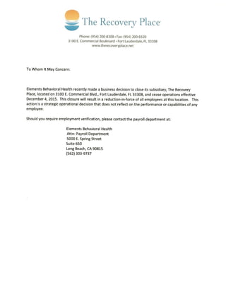 The Recovery Place Closing letter