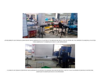LOTION COMPLETE LINE THROUGH A CONVEYOR BELT WHICH IMPROVEDTHE UTILIZATION OF THE MACHINE AND NO W.I.P ON THE LOTION LINE, THIS INPROVED THE MACHINE UTILIZ ATION
FORM 15000PCS/DAY TO 30000PCS/DAY WHICH IS 50% IMPROVEMENT
P.G COMPLETELINETHROUGH ACONVEYOR BELTWHICH IMPROVED THEUTILIZATION OF THESHRINKING TUNEL MACHINEAND NO W.I.P ON THEP.G LINE, THIS INPROVED THEMACHINEUTILIZATION FORM
20000PCS/DAYTO 30000PCS/DAYWHICH IS 33% IMPROVEMENT
 