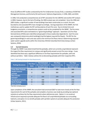 4 | P a g e
three (3) different RFF studies conducted by the Fire Underwriters Survey (FUS), a subsidiary of SCM Risk
Management Services, and formerly CGI and Insurers’ Advisory Organization, in 1996, 2003, and 2010.
In 1996, FUS conducted a comprehensive set of RFF calculation for the UBCPGC and another RFF analysis
in 2003; however, due to the lack of funding, the 2003 analysis was not completed. Since the 1996 and
2003 studies, a significant number of new buildings have been constructed; as a result, fire zone
boundaries and associated RFFs have changed accordingly. During preparation of the IWMP, the FUS
method was used to update the RFF and boundaries of each fire zone. Due to limited time and
budgetary constraints, a comprehensive analysis could not be completed for the IWMP. The fire zones
and associated RFFs were estimated on a “governing buildings” approach. Seventeen (17) Fire Flow
Demand Zones (FFDZs) were identified and grouped in these studies (See Appendix A). Each fire zone
was reviewed to determine which building(s) had the highest required fire flow(s). The RFF for the
governing building(s) in each zone was used as the minimum fire flow criteria in determining required
water system upgrade works within the University of British Columbia Point Grey Campus (Urban
Systems, 2010).
1.3 Current Concerns
Through the IWMP it was determined that the parkades, which are currently unsprinklered represent
the largest fire flow requirement on campus and significantly exceed current fire zone ratings. It was
identified that there was a significant difference in fire flow requirements for parkades, with and
without sprinklers. Table 1 below outlines the six (6) existing parkades with their respective RFFs.
Table 1 UBC Existing Parkade Fire Flow Requirements
Parking Structures
Fire Flow
Zone
FUS Estimated
for Unsprinklered
Structure (L/s)
Fire Flow
Requirements by
zone (L/s)
Fire Flow
Requirement with
Sprinklers (L/s)
Fraser River Parkade K 370 200 200
Health Sciences
parkade
D 470 383 267
Rose Garden
Parkade*
F 233 233 233
Thunderbird Parkade D 500 383 250
North Parkade B 450 250 250
West Parkade L 500 267 267
*Sprinklers already present.
Upon completion of the IWMP, the consultant had convinced C&CP to look more closely at the fire flow
requirements for each of the parkades and complete a business case study by providing two optional
solutions to achieve the fire flow requirements where deficiencies exist. Option 1 is to construct
infrastructure required to provide adequate fire flow to all unsprinklered parkades via surrounding
hydrants; and option 2 is to retrofit parkades with sprinkler systems to provide adequate fire protection
(Urban Systems, 2011).
 