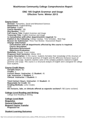 http://www.curricunet.com/washtenaw/reports/course_outline_HTML.cfm?courses_id=8417[6/18/2012 10:00:04 AM]
Washtenaw Community College Comprehensive Report
ENG 185 English Grammar and Usage
Effective Term: Winter 2013
Course Cover
Division: Humanities, Social and Behavioral Sciences
Department: English/Writing
Discipline: English
Course Number: 185
Org Number: 11310
Full Course Title: English Grammar and Usage
Transcript Title: English Grammar and Usage
Is Consultation with other department(s) required: No
Publish in the Following: College Catalog , Time Schedule , Web Page
Reason for Submission: Three Year Review / Assessment Report
Change Information:
Consultation with all departments affected by this course is required.
Course description
Outcomes/Assessment
Objectives/Evaluation
Rationale: Regular 3-year review
Proposed Start Semester: Winter 2013
Course Description: In this course, students formalize their knowledge of the structure of
English. They learn the internal grammar of English and the difference between issues of
grammar and usage. Students examine some of the complex problems related to English
grammar and usage. This course is a structural analysis of English and is designed for college
level students.
Course Credit Hours
Variable hours: No
Credits: 3
Lecture Hours: Instructor: 45 Student: 45
Lab: Instructor: 0 Student: 0
Clinical: Instructor: 0 Student: 0
Total Contact Hours: Instructor: 45 Student: 45
Repeatable for Credit: NO
Grading Methods: Letter Grades
Audit
Are lectures, labs, or clinicals offered as separate sections?: NO (same sections)
College-Level Reading and Writing
College-level Reading & Writing
College-Level Math
Requisites
General Education
Request Course Transfer
Proposed For:
Student Learning Outcomes
 