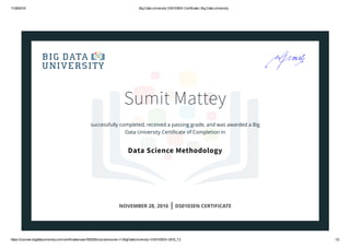 11/28/2016 Big Data University DS0103EN Certificate | Big Data University
https://courses.bigdatauniversity.com/certificates/user/552935/course/course­v1:BigDataUniversity+DS0103EN+2016_T2 1/2
Sumit Mattey
successfully completed, received a passing grade, and was awarded a Big
Data University Certiﬁcate of Completion in
Data Science Methodology
NOVEMBER 28, 2016 | DS0103EN CERTIFICATE
 