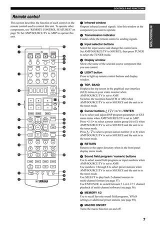 CONTROLS AND FUNCTIONS
7
INTRODUCTION
This section describes the function of each control on the
remote control used to control this unit. To operate other
components, see “REMOTE CONTROL FEATURES” on
page 70. Set AMP/SOURCE/TV to AMP to operate this
unit.
1 Infrared window
Outputs infrared control signals. Aim this window at the
component you want to operate.
2 Transmission indicator
Flashes while the remote control is sending signals.
3 Input selector buttons
Select the input source and change the control area.
Set AMP/SOURCE/TV to SOURCE, then press TUNER
to select the TUNER mode.
4 Display window
Shows the name of the selected source component that
you can control.
5 LIGHT button
Press to light up remote control buttons and display
window.
6 TOP, BAND
Displays the top screen in the graphical user interface
(GUI) menu on your video monitor when
AMP/SOURCE/TV is set to AMP.
Switches the reception band (FM or AM) when
AMP/SOURCE/TV is set to SOURCE and the unit is in
the tuner mode.
7 Cursor buttons k / n / l / h / ENTER
Use to select and adjust DSP program parameters or GUI
menu items when AMP/SOURCE/TV is set to AMP.
Press l / h to select a preset station group (A to E) when
AMP/SOURCE/TV is set to SOURCE and the unit is in
the tuner mode.
Press k / n to select a preset station number (1 to 8) when
AMP/SOURCE/TV is set to SOURCE and the unit is in
the tuner mode.
8 RETURN
Returns to the upper directory when in the front panel
display menu mode.
9 Sound field program / numeric buttons
Use to select sound field programs or input numbers when
AMP/SOURCE/TV is set to AMP.
Use numbers 1 through 8 to select preset stations when
AMP/SOURCE/TV is set to SOURCE and the unit is in
the tuner mode.
Use SELECT to play back 2-channel sources in
multi-channel format (see page 37).
Use EXTD SUR. to switch between 5.1 or 6.1/7.1 channel
playback of multi-channel software (see page 36).
0 MEMORY 1/2
Use to recall favorite sound field programs, YPAO
settings or additional preset stations (see page 69).
A MACRO ON/OFF
Turns the macro function on and off.
Remote control
CLEARLEARN RE–NAME
EXIT
MENU
REC
DISC SKIP
EFFECT
RETURN DISPLAY
STRAIGHT
BAND PRG SELECT
A/B/C/D/E
NIGHT
AUDIO
PURE DIRECT
ENTER
TOP
TITLE
SELECT
DTV DVR/VCR2VCR 1 DVD
V-AUX CBL/SAT MD/TAPE CD-R
PHONO TUNER CD MULTI CH IN
1 2 B
THX STANDARD SELECT EXTD SUR.
STEREO MUSIC ENTERTAIN MOVIE
VOL
+
–
3 421
9 0 +10 ENT.
5 6 7 8
POWER POWER POWER
SYSTEM
STANDBY
AVTV
SLEEPAUDIO SELECTA B
CH
+
–
TV VOL
TV MUTE TV INPUT MUTE
+
–
AMP
SOURCE
TV
MACROONOFF
A SPEAKERSMEMORY
PRESET
C
D
E
F
G
H
I
J
K
L
M
N
O
P
Q
R
S
t
1
2
3
4
5
6
7
8
9
0
A
B
 