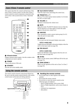 CONTROLS AND FUNCTIONS
9
INTRODUCTION
This section describes the controls and functions of the
Zone 2/Zone 3 remote control. Use the Zone 2/Zone 3
remote control to control components connected to this
unit in Zone 2 (the second room) or Zone 3 (the third
room).
1 Infrared window
Outputs infrared control signals. Aim this window at the
component you want to operate.
2 POWER
Turns on the power of this unit.
3 STANDBY
Sets this unit in the standby mode.
4 Input selector buttons
Select the input source and change the control area.
5 PRESET/CH k / n
Press k / n to select a preset station number (1 to 8) when
the unit is in tuner mode.
6 VOLUME +/–
Increases or decreases the volume level.
7 MUTE
Mutes the sound. The MUTE indicator turns on when the
MUTE function is on. Press again to restore the audio
output to the previous volume level.
8 A/B/C/D/E
Press repeatedly to select a preset station group (A to E)
when the unit is in tuner mode.
9 DISPLAY
Use to enter into the front panel display menu mode.
(U.S.A. model only)
Toggles between HD Radio information displays when the
unit is in the tuner mode (see page 46).
0 PRG SELECT
(U.S.A. model only)
Selects the HD Radio audio program when the unit is in
the tuner mode (see page 46).
A ID1/ID2
Slide to set the remote control AMP/tuner ID for this unit
(see page 72).
B ZONE 2/ZONE 3
Slide to set the operation of this unit to Zone 2 or Zone 3
(see page 82).
The remote controls transmit a directional infrared ray.
Be sure to aim the remote controls directly at the remote
control sensor on the main unit during operation.
■ Handling the remote controls
• Do not spill water or other liquids on the remote
controls.
• Do not drop the remote controls.
• Do not leave or store the remote controls in the
following types of conditions:
– places of high humidity, such as near a bath
– places of high temperatures, such as near a heater or
stove
– extremely low temperatures
– dusty places
Zone 2/Zone 3 remote control
TUNER CD CD-R
POWER
STANDBY
DTV CBL/SAT MD/TAPE
VCR 1 DVR/VCR2 DVD
+
–
MUTE
DISPLAYPRG SELECT
A/B/C/D/E
PRESET/CH VOLUME
ZONE 3ZONE 2ID2ID1
1
2
3
4
5
6
7
9
A
B
8
0
Using the remote controls
A
SPEAKERS
B
MULTI CH
INPUT
AUDIO
SELECT
TONE
CONTROLSTRAIGHT
PRESET/
TUNING
EDIT MAN'L/AUTO FM AUTO/MAN'L EFFECT
TUNING
MODEMEMORY
MAIN ZONE 2
ZONE ON/OFF
ZONE 3
ZONE CONTROL
FM/AMA/B/C/D/E
SOURCE/
REMOTE
REC OUT/ZONE 2
SILENT CINEMA S VIDEO VIDEO L
VIDEO/AUX
AUDIO R OPTICAL
PHONES
PRESET/
TUNING
OPTIMIZER
MIC
VOLUME
PROGRAM
INPUT
PURE DIRECT
STANDBY
/ON
MD/TAPEDVD
DTV
CBL/SAT
VCR 1
CD-R
TUNER
CD
DVR/
VCR2
3030
TUNER CD CD-R
POWER
STANDBY
DTV CBL/SAT MD/TAPE
VCR 1 DVR/VCR2 DVD
+
–
MUTE
DISPLAYPRG SELECT
A/B/C/D/E
PRESET/CH VOLUME
ZONE 3ZONE 2ID2ID1
CLEARLEARN RE–NAME
EXIT
MENU
REC
DISC SKIP
EFFECT
RETURN DISPLAY
STRAIGHT
BAND PRG SELECT
A/B/C/D/E
NIGHT
AUDIO
PURE DIRECT
ENTER
TOP
TITLE
SELECT
DTV DVR/VCR2VCR 1 DVD
V-AUX CBL/SAT MD/TAPE CD-R
PHONO TUNER CD MULTI CH IN
1 2 B
THX STANDARD SELECT EXTD SUR.
STEREO MUSIC ENTERTAIN MOVIE
VOL
+
–
3 421
9 0 +10 ENT.
5 6 7 8
POWER POWER POWER
SYSTEM
STANDBY
AVTV
SLEEPAUDIO SELECTA B
CH
+
–
TV VOL
TV MUTE TV INPUT MUTE
+
–
AMP
SOURCE
TV
MACROONOFF
A SPEAKERSMEMORY
PRESET
Approximately 6 m (20 ft)
 