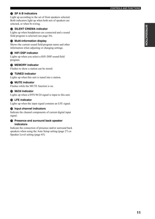 CONTROLS AND FUNCTIONS
11
INTRODUCTION
K SP A B indicators
Light up according to the set of front speakers selected.
Both indicators light up when both sets of speakers are
selected, or when bi-wiring.
L SILENT CINEMA indicator
Lights up when headphones are connected and a sound
field program is selected (see page 36).
M Multi-information display
Shows the current sound field program name and other
information when adjusting or changing settings.
N HiFi DSP indicator
Lights up when you select a HiFi DSP sound field
program.
O MEMORY indicator
Flashes to show a station can be stored.
P TUNED indicator
Lights up when this unit is tuned into a station.
Q MUTE indicator
Flashes while the MUTE function is on.
R 96/24 indicator
Lights up when a DTS 96/24 signal is input to this unit.
S LFE indicator
Lights up when the input signal contains an LFE signal.
T Input channel indicators
Indicate the channel components of current digital input
signal.
U Presence and surround back speaker
indicators
Indicate the connection of presence and/or surround back
speakers when using the Auto Setup setting (page 27) or
Speaker Level setting (page 65).
 