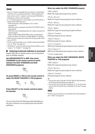 37
PLAYBACK
BASIC
OPERATION
• Some 6.1-channel compatible discs do not have a signal (flag)
which this unit can automatically detect. When playing these
kinds of discs with 6.1-channel, select decoders (PL xMovie,
PL xMusic, EX/ES or EX) manually.
• 6.1/7.1-channel playback is not possible even if EXTD SUR. is
pressed in the following cases:
– When Surround or Surround Back is set to “None”
(see page 63).
– When the source connected to the MULTI CH INPUT jack is
being played.
– When the source being played does not contain surround L/R
channel signals.
– When a Dolby Digital KARAOKE source is being played.
– When 2ch Stereo, 7ch Stereo or PURE DIRECT is selected.
• When the power of this unit is turned off, the input mode will be
reset to AUTO.
• The Pro Logic x decoder is not available when Surround Back
is set to “None” (see page 63).
• “PL xMovie” cannot be selected when Surround Back is set to
“Large x1” or “Small x1” (see page 63).
■ Enjoying 2-channel software in surround
Signals input from 2-channel sources can also be played
back on multiple channels.
Set AMP/SOURCE/TV to AMP, then press
STANDARD on the remote control to switch
between the SUR. STANDARD and SUR.
ENHANCED programs.
Or press MOVIE or THX on the remote control to
select the MOVIE THEATER or THX programs.
Press SELECT on the remote control to select
the decoder.
You can select from the following modes depending on
the type of software you are playing and your personal
preference.
When you select the SUR. STANDARD program
<PRO LOGIC>
Dolby Pro Logic processing for any sources.
<PL x Movie>
Dolby Pro Logic x processing for movie software.
<PL x Music>
Dolby Pro Logic x processing for music software.
<PL x Game>
Dolby Pro Logic x processing for game software.
<Neo:6 Cinema>
DTS processing for movie software.
<Neo:6 Music>
DTS processing for music software.
<CS Cinema>*
SRS Circle Surround processing for movie software.
<CS Music>*
SRS Circle Surround processing for music software.
* (U.S.A. model only)
When you select the SUR. ENHANCED, MOVIE
THEATER or THX programs
<PRO LOGIC>
Dolby Pro Logic processing for any sources.
<PL x Movie>
Dolby Pro Logic x processing for movie software.
<Neo:6 Cinema>
DTS processing for movie software.
y
• You can also select a decoder with the Decode Type parameter
in the Stereo/Surround menu (see page 99).
• You can also select a decoder by pressing l / h on the remote
control when the decoder type is displayed in the short message
display.
The Pro Logic x decoder is not available when Surround Back is
set to “None” (see page 63).
Notes
STANDARD
6
MOVIE
4
THX
5or
SELECT
7
Note
II
II
II
II
II
II
 