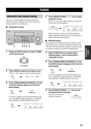 TUNING
41
BASIC
OPERATION
There are 2 tuning methods: automatic and manual.
Automatic tuning is effective when station signals are
strong and there is no interference.
■ Automatic tuning
1 Rotate the INPUT selector to select TUNER
as the input source.
2 Press FM/AM to select the reception band.
“FM” or “AM” appears on the front panel display.
3 Press TUNING MODE (AUTO/MAN’L) so that
the AUTO indicator lights up on the front
panel display.
If a colon (:) appears in the front panel display, this
unit is in PRESET mode and tuning is not possible.
Press PRESET/TUNING (EDIT) to turn it off.
4 Press PRESET/TUNING l / h once to begin
automatic tuning.
Press h to tune into a higher frequency, or press l
to tune into a lower frequency.
When tuned into a station, the TUNED indicator
lights up and the frequency of the received station is
shown on the front panel display.
■ Manual tuning
If the signal from the station you want to select is weak,
you must tune into it manually. Manually tuning into an
FM station will automatically change the reception mode
to monaural reception to increase the signal quality.
1 Select TUNER and the reception band
following steps 1 and 2 as described in
“Automatic tuning”.
2 Press TUNING MODE (AUTO/MAN’L) so that
the AUTO indicator disappears from the front
panel display.
If a colon (:) appears in the front panel display, this
unit is in PRESET mode and tuning is not possible.
Press PRESET/TUNING (EDIT) to turn it off.
3 Press PRESET/TUNING l / h to tune into
the desired station manually.
Hold down the button to
continue searching.
TUNING
Automatic and manual tuning
A
SPEAKERS
B
MULTI CH
INPUT
AUDIO
SELECT
TONE
CONTROLSTRAIGHT
PRESET/
TUNING
EDIT MAN'L/AUTO FM AUTO/MAN'L EFFECT
TUNING
MODEMEMORY
MAIN ZONE 2
ZONE ON/OFF
ZONE 3
ZONE CONTROL
FM/AMA/B/C/D/E
SOURCE/
REMOTE
REC OUT/ZONE 2
SILENT CINEMA S VIDEO VIDEO L
VIDEO/AUX
AUDIO R OPTICAL
PHONES
PRESET/
TUNING
OPTIMIZER
MIC
VOLUME
PROGRAM
INPUT
PURE DIRECT
STANDBY
/ON
MD/TAPEDVD
DTV
CBL/SAT
VCR 1
CD-R
TUNER
CD
DVR/
VCR 2
1 33 24
INPUT
Front panel
FM/AM
or
AUTO/MAN'L
TUNING
MODE
AUTO
Lights up
PRESET/
TUNING
EDIT
AUTO
A
SP
2 VCR 1 CBL/SAT DTV DVD MD/TAPE CD-R CD TU
A AM 630 kHz
PRESET/
TUNING
TUNED
AUTO
A
SP
2 VCR 1 CBL/SAT DTV DVD MD/TAPE CD-R CD TU
A AM 1530 kHz
HiFi DSP
AUTO/MAN'L
TUNING
MODE
AUTO
Disappears
PRESET/
TUNING
EDIT
AUTO
A
SP
2 VCR 1 CBL/SAT DTV DVD MD/TAPE CD-R CD TU
A AM 630 kHz
PRESET/
TUNING
 