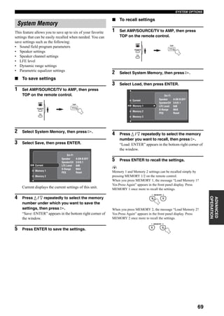 69
SYSTEM OPTIONS
ADVANCED
OPERATION
This feature allows you to save up to six of your favorite
settings that can be easily recalled when needed. You can
save settings such as the following:
• Sound field program parameters
• Speaker settings
• Speaker channel settings
• LFE level
• Dynamic range settings
• Parametric equalizer settings
■ To save settings
1 Set AMP/SOURCE/TV to AMP, then press
TOP on the remote control.
2 Select System Memory, then press h.
3 Select Save, then press ENTER.
Current displays the current settings of this unit.
4 Press k / n repeatedly to select the memory
number under which you want to save the
settings, then press h.
“Save: ENTER” appears in the bottom right corner of
the window.
5 Press ENTER to save the settings.
■ To recall settings
1 Set AMP/SOURCE/TV to AMP, then press
TOP on the remote control.
2 Select System Memory, then press h.
3 Select Load, then press ENTER.
4 Press k / n repeatedly to select the memory
number you want to recall, then press h.
“Load: ENTER” appears in the bottom right corner of
the window.
5 Press ENTER to recall the settings.
y
Memory 1 and Memory 2 settings can be recalled simply by
pressing MEMORY 1/2 on the remote control.
When you press MEMORY 1, the message “Load Memory 1?
Yes:Press Again” appears in the front panel display. Press
MEMORY 1 once more to recall the settings.
When you press MEMORY 2, the message “Load Memory 2?
Yes:Press Again” appears in the front panel display. Press
MEMORY 2 once more to recall the settings.
System Memory
TOP
TITLE
AMP
SOURCE
TV
Sci-Fi
Speaker
SpeakerCH
LFE Level
D-Range
PEQ
A:ON B:OFF
3/4/0.1
0dB
MAX
Reset
Current
Memory 1
Memory 2
TOP
TITLE
AMP
SOURCE
TV
Sci-Fi
Speaker
SpeakerCH
LFE Level
D-Range
PEQ
A:ON B:OFF
3/4/0.1
0dB
MAX
Reset
Current
Memory 1
Memory 2
Memory 3
0
MEMORY1 2
9
0
MEMORY1 2
9
 
