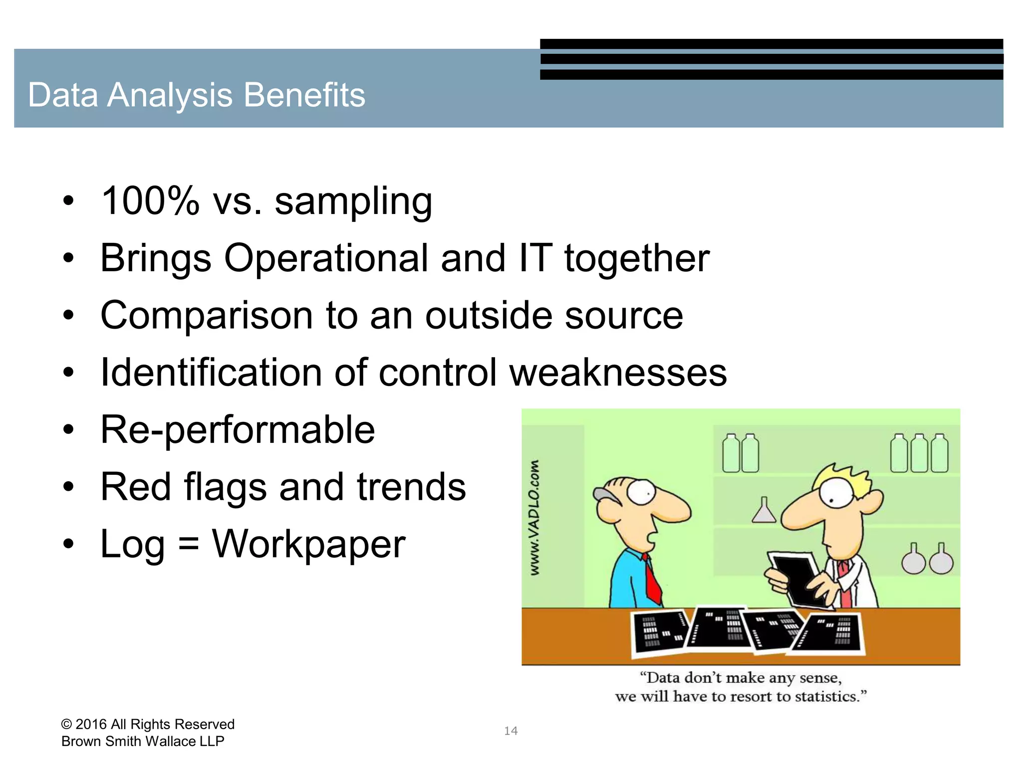 • 100% vs. sampling
• Brings Operational and IT together
• Comparison to an outside source
• Identification of control weaknesses
• Re-performable
• Red flags and trends
• Log = Workpaper
14
Data Analysis Benefits
© 2016 All Rights Reserved
Brown Smith Wallace LLP
 