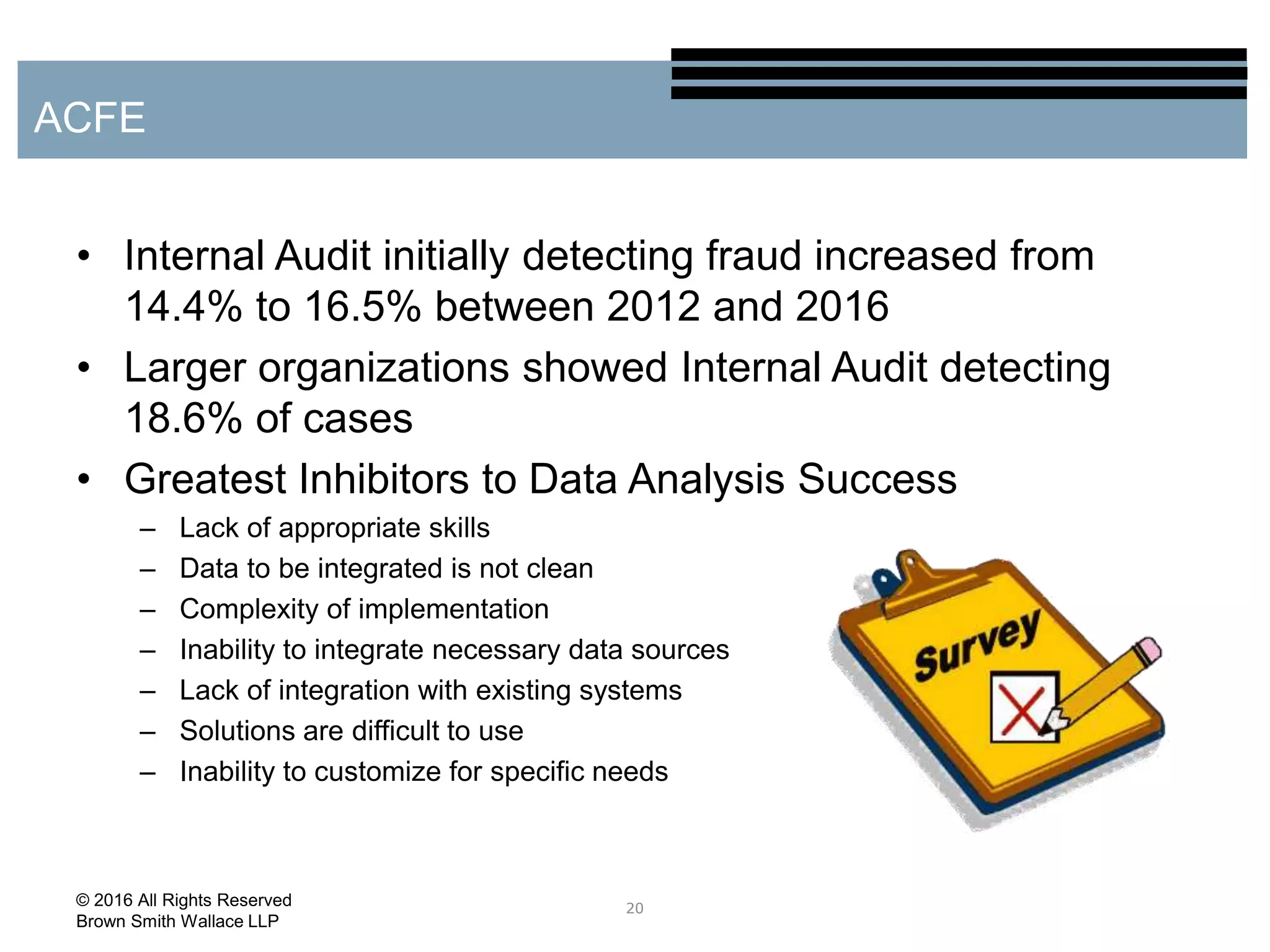 • Internal Audit initially detecting fraud increased from
14.4% to 16.5% between 2012 and 2016
• Larger organizations showed Internal Audit detecting
18.6% of cases
• Greatest Inhibitors to Data Analysis Success
– Lack of appropriate skills
– Data to be integrated is not clean
– Complexity of implementation
– Inability to integrate necessary data sources
– Lack of integration with existing systems
– Solutions are difficult to use
– Inability to customize for specific needs
20
ACFE
© 2016 All Rights Reserved
Brown Smith Wallace LLP
 