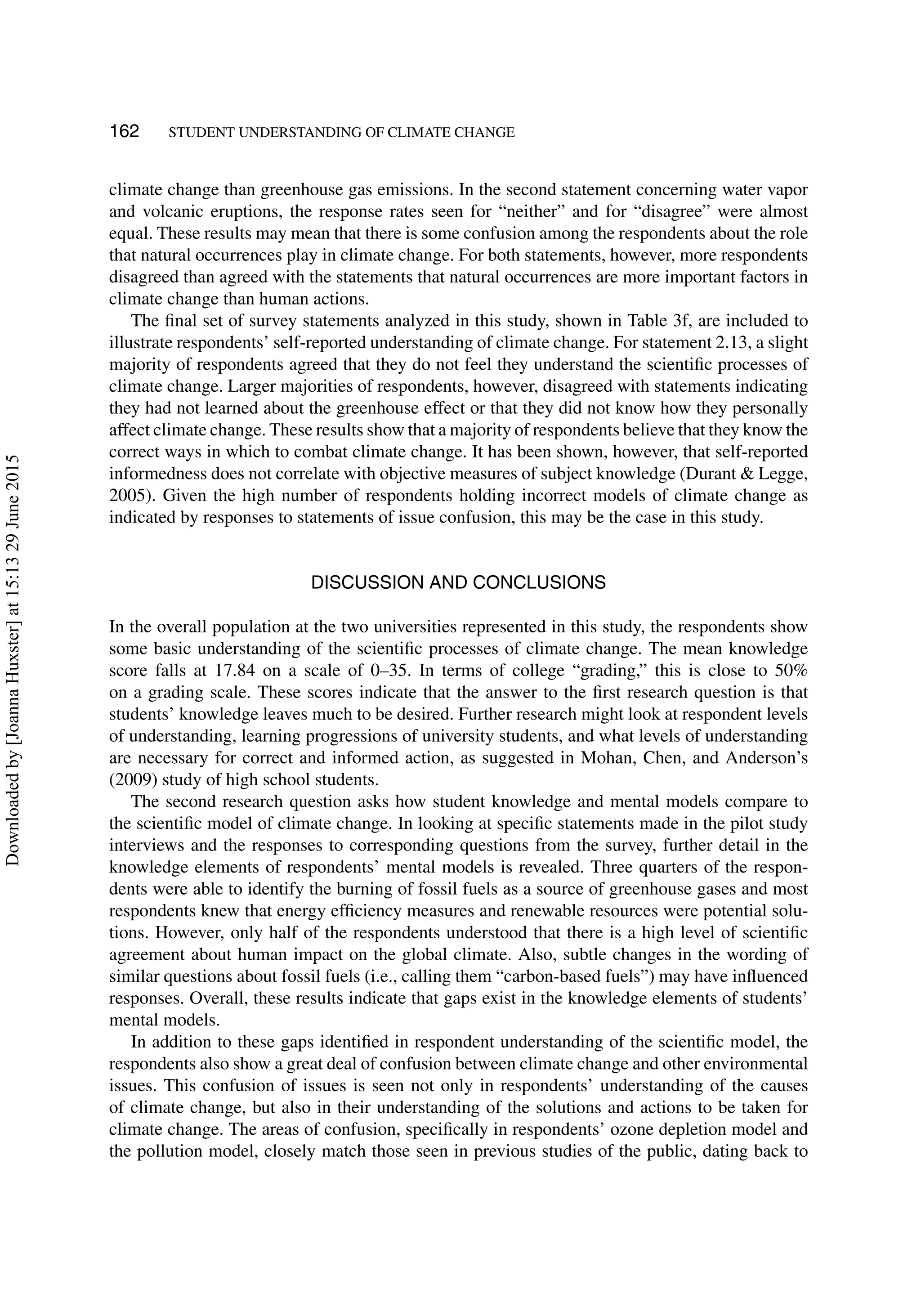 162 STUDENT UNDERSTANDING OF CLIMATE CHANGE
climate change than greenhouse gas emissions. In the second statement concerning water vapor
and volcanic eruptions, the response rates seen for “neither” and for “disagree” were almost
equal. These results may mean that there is some confusion among the respondents about the role
that natural occurrences play in climate change. For both statements, however, more respondents
disagreed than agreed with the statements that natural occurrences are more important factors in
climate change than human actions.
The ﬁnal set of survey statements analyzed in this study, shown in Table 3f, are included to
illustrate respondents’ self-reported understanding of climate change. For statement 2.13, a slight
majority of respondents agreed that they do not feel they understand the scientiﬁc processes of
climate change. Larger majorities of respondents, however, disagreed with statements indicating
they had not learned about the greenhouse effect or that they did not know how they personally
affect climate change. These results show that a majority of respondents believe that they know the
correct ways in which to combat climate change. It has been shown, however, that self-reported
informedness does not correlate with objective measures of subject knowledge (Durant & Legge,
2005). Given the high number of respondents holding incorrect models of climate change as
indicated by responses to statements of issue confusion, this may be the case in this study.
DISCUSSION AND CONCLUSIONS
In the overall population at the two universities represented in this study, the respondents show
some basic understanding of the scientiﬁc processes of climate change. The mean knowledge
score falls at 17.84 on a scale of 0–35. In terms of college “grading,” this is close to 50%
on a grading scale. These scores indicate that the answer to the ﬁrst research question is that
students’ knowledge leaves much to be desired. Further research might look at respondent levels
of understanding, learning progressions of university students, and what levels of understanding
are necessary for correct and informed action, as suggested in Mohan, Chen, and Anderson’s
(2009) study of high school students.
The second research question asks how student knowledge and mental models compare to
the scientiﬁc model of climate change. In looking at speciﬁc statements made in the pilot study
interviews and the responses to corresponding questions from the survey, further detail in the
knowledge elements of respondents’ mental models is revealed. Three quarters of the respon-
dents were able to identify the burning of fossil fuels as a source of greenhouse gases and most
respondents knew that energy efﬁciency measures and renewable resources were potential solu-
tions. However, only half of the respondents understood that there is a high level of scientiﬁc
agreement about human impact on the global climate. Also, subtle changes in the wording of
similar questions about fossil fuels (i.e., calling them “carbon-based fuels”) may have inﬂuenced
responses. Overall, these results indicate that gaps exist in the knowledge elements of students’
mental models.
In addition to these gaps identiﬁed in respondent understanding of the scientiﬁc model, the
respondents also show a great deal of confusion between climate change and other environmental
issues. This confusion of issues is seen not only in respondents’ understanding of the causes
of climate change, but also in their understanding of the solutions and actions to be taken for
climate change. The areas of confusion, speciﬁcally in respondents’ ozone depletion model and
the pollution model, closely match those seen in previous studies of the public, dating back to
Downloadedby[JoannaHuxster]at15:1329June2015
 