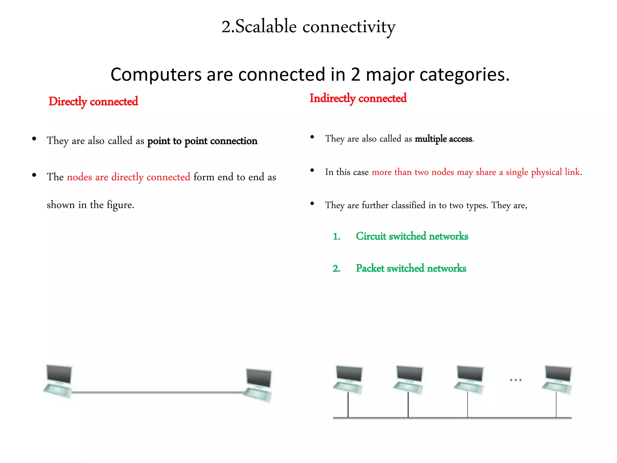 2.Scalable connectivity
Directly connected
• They are also called as point to point connection
• The nodes are directly connected form end to end as
shown in the figure.
Indirectly connected
• They are also called as multiple access.
• In this case more than two nodes may share a single physical link.
• They are further classified in to two types. They are,
1. Circuit switched networks
2. Packet switched networks
Computers are connected in 2 major categories.
 